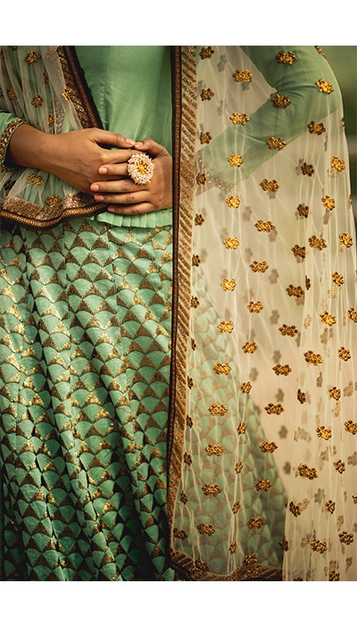 lehenga details mint green antique gold embroidery indian designer 2018